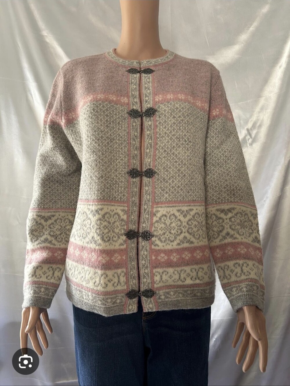 Wool  Pink and Gray Nordic Fair Isle Cardigan Sweater Sz.XL Telluride